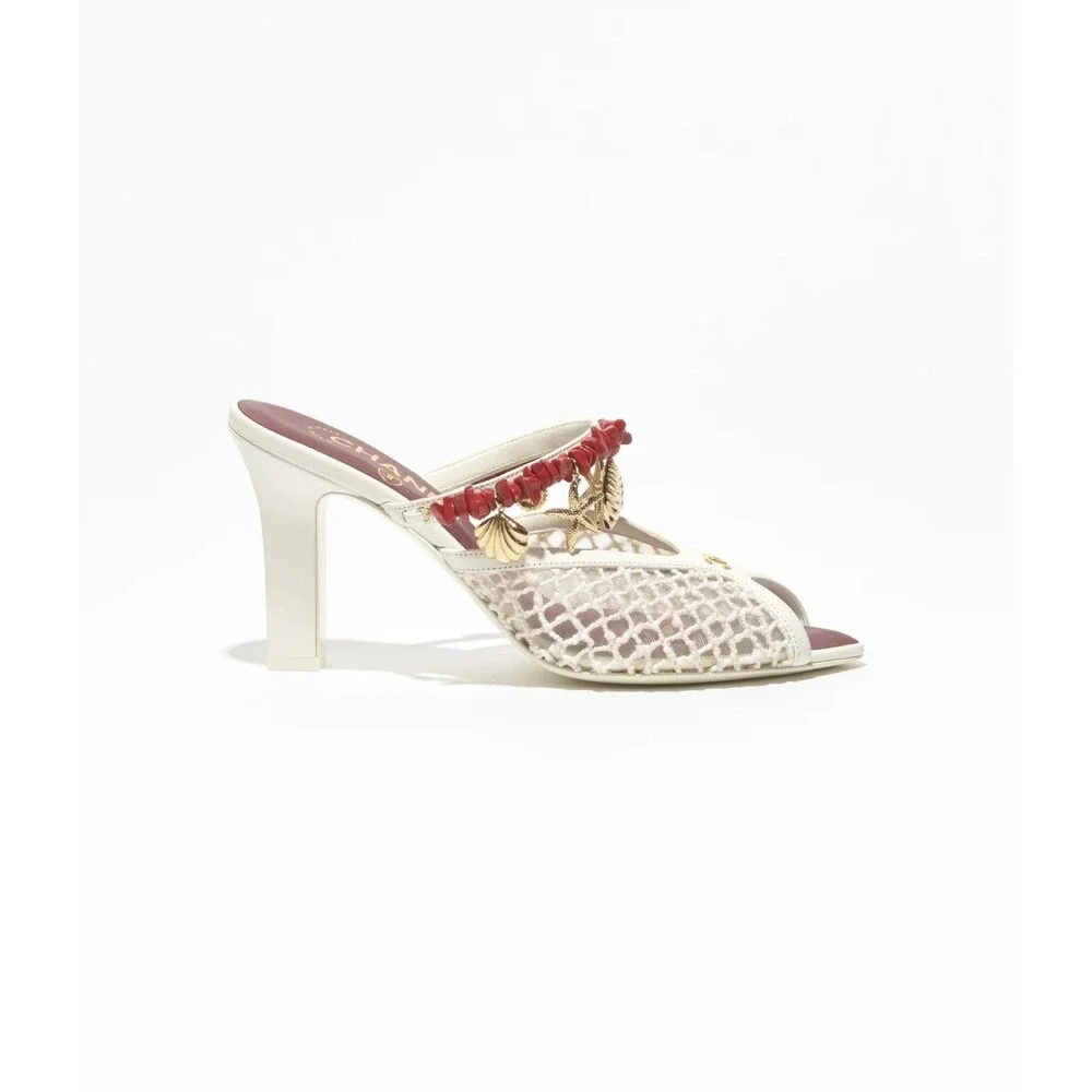 NEW Chanel 26M Coco Beach Mules Ivory Mesh/Cotton/Lambskin/Resin/Metal 36.5 - Picture 3 of 9